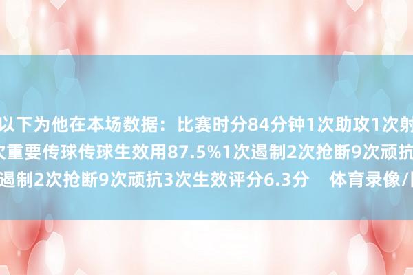 以下为他在本场数据：比赛时分84分钟1次助攻1次射门0射正73次触球4次重要传球传球生效用87.5%1次遏制2次抢断9次顽抗3次生效评分6.3分    体育录像/图片