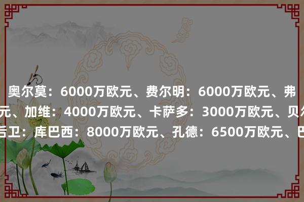 奥尔莫:6000万欧元、费尔明:6000万欧元、弗兰基-德容:4500万欧元、加维:4000万欧元、卡萨多:3000万欧元、贝尔纳尔:1000万欧元后卫:库巴西:8000万欧元、孔德:6500万欧元、巴尔德:6000万欧元、阿劳霍:3500万欧元、埃里克-加西亚:2500万欧元、克里斯滕森:1200万欧元、杰拉德-马丁:1200万欧元门将:霍安-加西亚:2500万欧元、特尔施特根:800万欧元、什琴斯尼:100万欧元体育录像/图片
